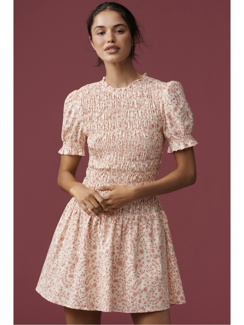 Reformation Leannah Puff-Sleeve Smocked Mini Dress Corinne Floral Pink Sz 10 NWT